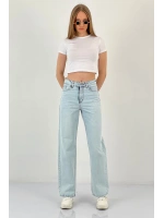 Kadın Straight Bol Paça Jeans Baggy Fit Buz Mavi Kot Pantolon