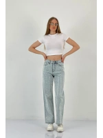 Kadın Wide Leg Taşlı Jeans Baggy Fit Buz Mavi Kot Pantolon