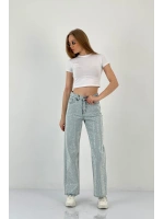 Kadın Wide Leg Taşlı Jeans Baggy Fit Buz Mavi Kot Pantolon