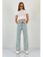 Kadın Wide Leg Taşlı Jeans Baggy Fit Buz Mavi Kot Pantolon