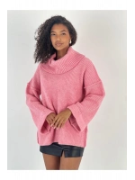Kadın Oversize Yüksek Yaka Pembe Triko Kazak