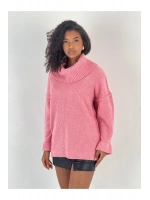 Kadın Oversize Yüksek Yaka Pembe Triko Kazak