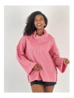 Kadın Oversize Yüksek Yaka Pembe Triko Kazak