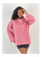 Kadın Oversize Yüksek Yaka Pembe Triko Kazak