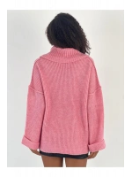 Kadın Oversize Yüksek Yaka Pembe Triko Kazak