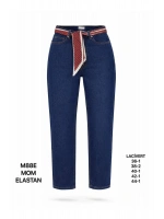 Kadın Lacivert Fular Kemer Detaylı Yüksek Bel Mom Fit Jean Pantolon