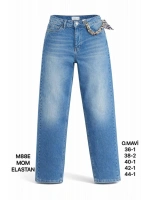 Kadın Mavi Fular Detaylı Yüksek Bel Mom Fit Jean Pantolon