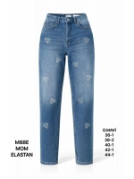 Kadın Mavi Yüksek Bel Taş Detaylı Mom Fit Jean Pantolon