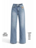 Kadın Açık Mavi Yüksek Bel Çiçek Aksesuarlı Wide Leg Jean Pantolon