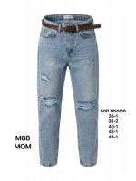 Kadın Orta Mavi Mom Fit Yırtık Jean Pantolon