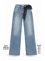 Kadın Buz Mavi Fularlı Yüksek Bel Wide Leg Jean Pantolon