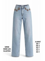 Kadın Açık Mavi Taş Aksesuar Detaylı Wide Leg Jean Pantolon