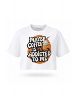 Kadın Beyaz Coffee Baskılı Crop Pamuk T-Shirt