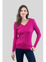 Kadın V Yaka Slim Fit Fitilli Uzun Kışlık Ekru Triko Kazak
