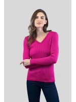 Kadın V Yaka Slim Fit Fitilli Uzun Kışlık Ekru Triko Kazak