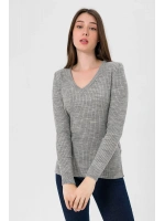 Kadın V Yaka Slim Fit Fitilli Uzun Kışlık Ekru Triko Kazak