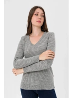 Kadın V Yaka Slim Fit Fitilli Uzun Kışlık Ekru Triko Kazak