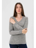 Kadın V Yaka Slim Fit Fitilli Uzun Kışlık Ekru Triko Kazak