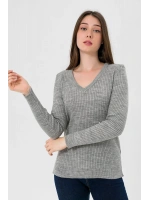Kadın V Yaka Slim Fit Fitilli Uzun Kışlık Ekru Triko Kazak