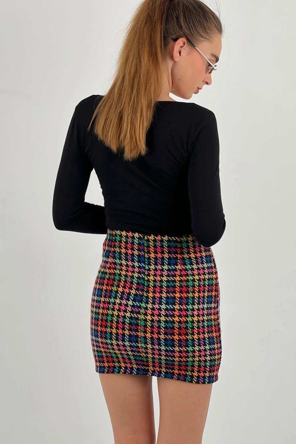 Kadın Yüksek Bel Kare Desenli Kırmızı Süper Mini Etek