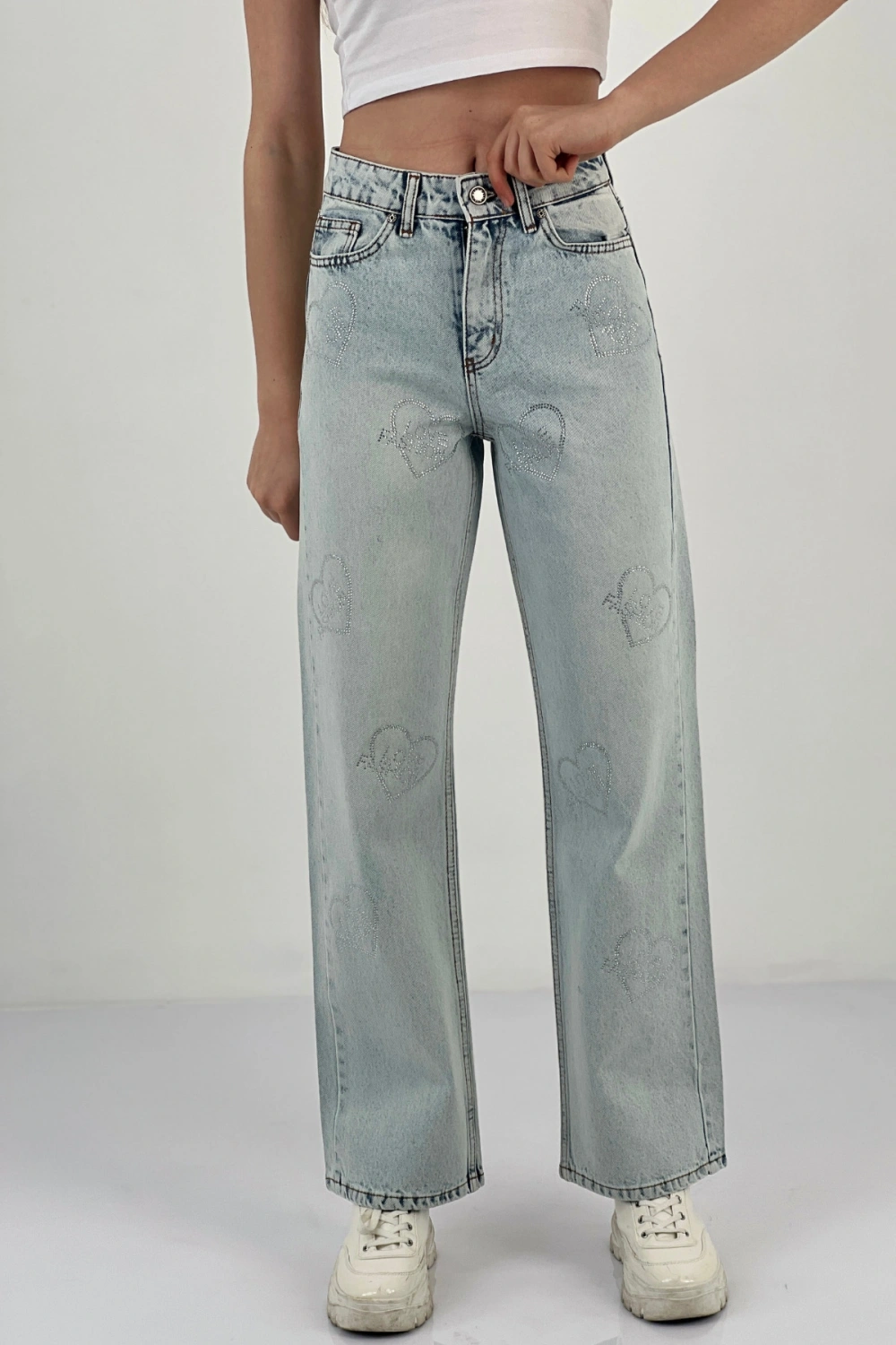 Kadın Bol Paça Taşlı Jeans Baggy Fit Buz Mavi Kot Pantolon