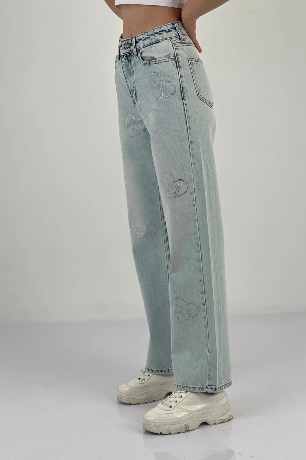 Kadın Bol Paça Taşlı Jeans Baggy Fit Buz Mavi Kot Pantolon