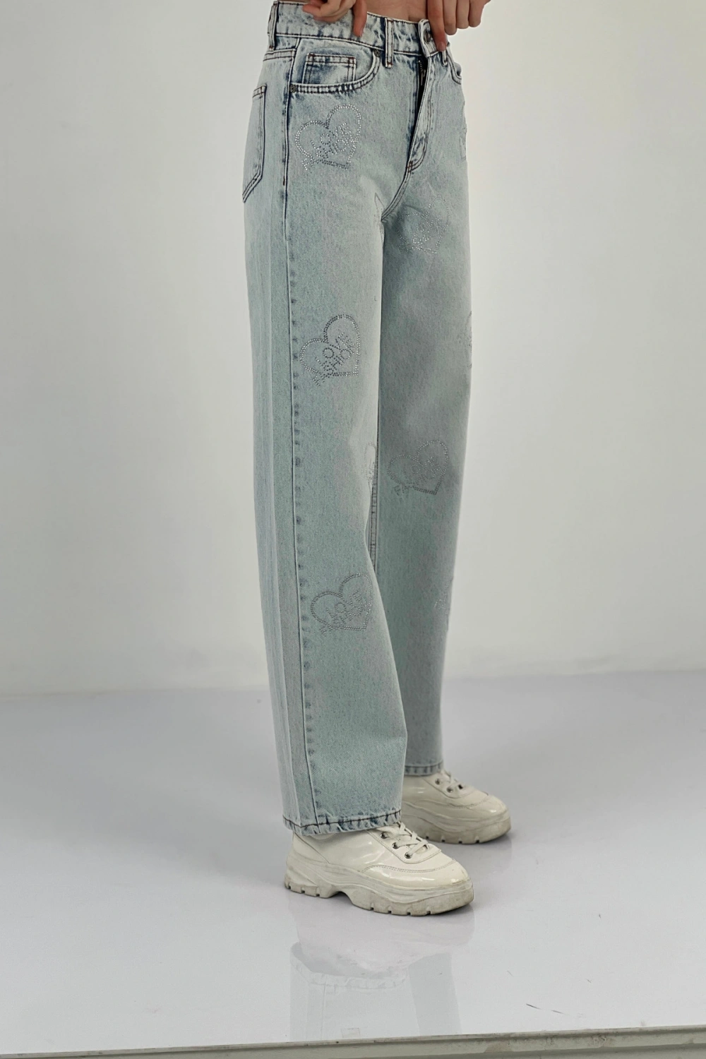 Kadın Bol Paça Taşlı Jeans Baggy Fit Buz Mavi Kot Pantolon