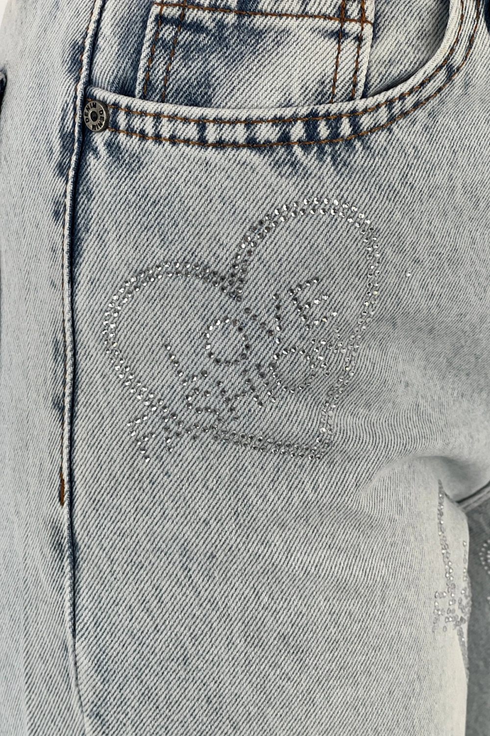 Kadın Bol Paça Taşlı Jeans Baggy Fit Buz Mavi Kot Pantolon