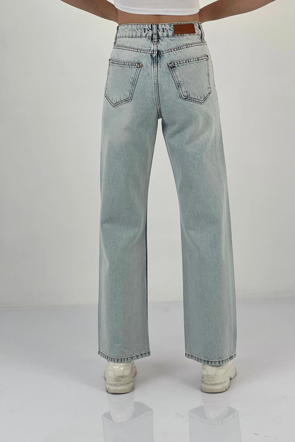 Kadın Bol Paça Taşlı Jeans Baggy Fit Buz Mavi Kot Pantolon