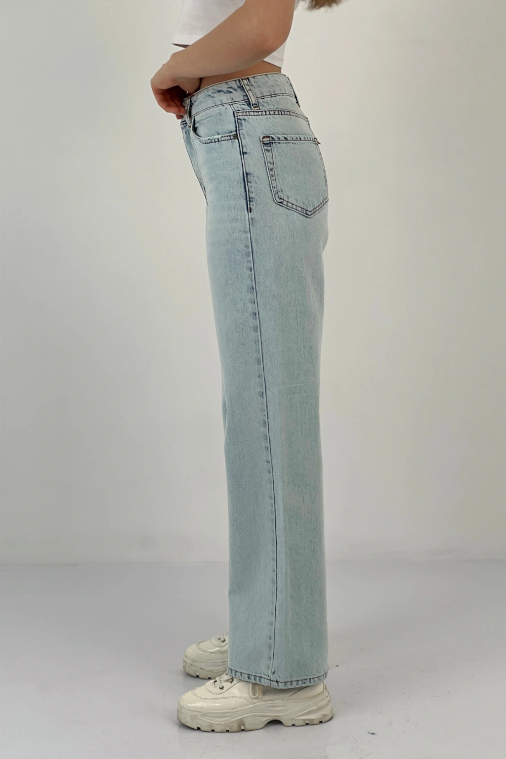 Kadın Straight Bol Paça Jeans Baggy Fit Buz Mavi Kot Pantolon