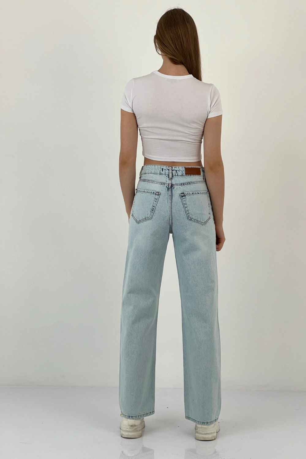 Kadın Straight Bol Paça Jeans Baggy Fit Buz Mavi Kot Pantolon