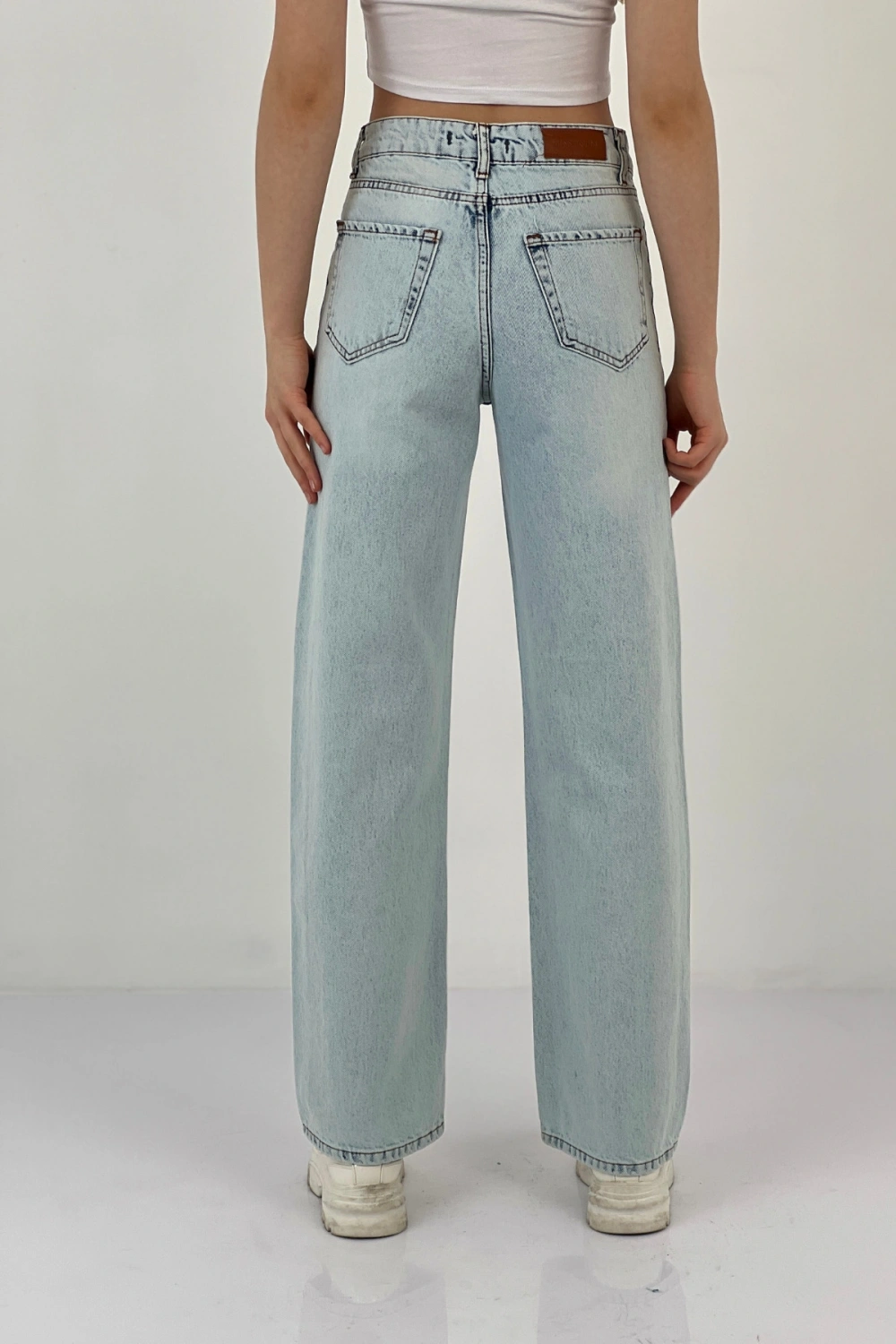 Kadın Straight Bol Paça Jeans Baggy Fit Buz Mavi Kot Pantolon
