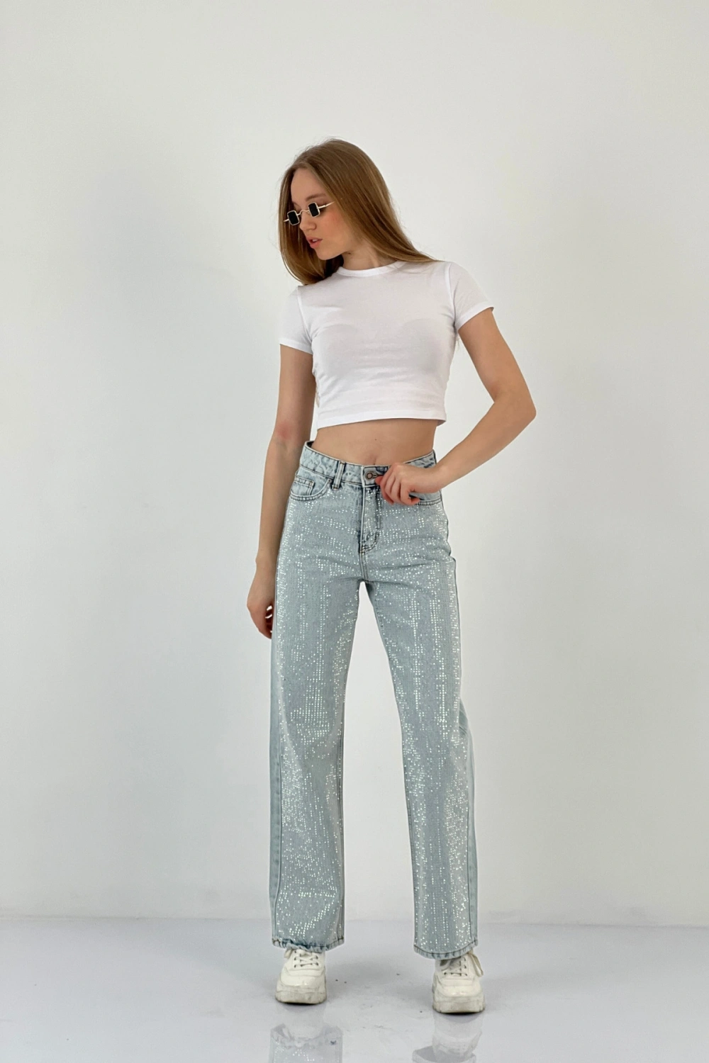 Kadın Wide Leg Taşlı Jeans Baggy Fit Buz Mavi Kot Pantolon