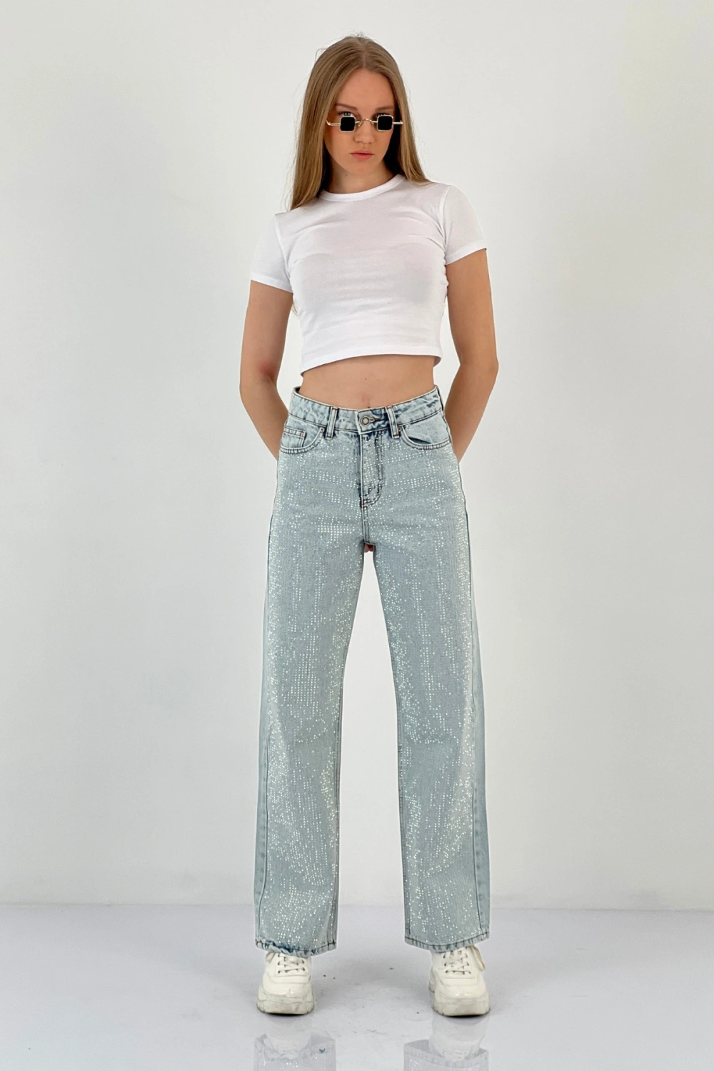 Kadın Wide Leg Taşlı Jeans Baggy Fit Buz Mavi Kot Pantolon