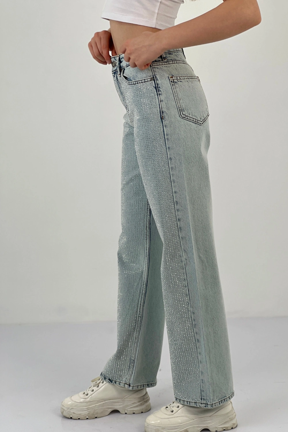 Kadın Wide Leg Taşlı Jeans Baggy Fit Buz Mavi Kot Pantolon