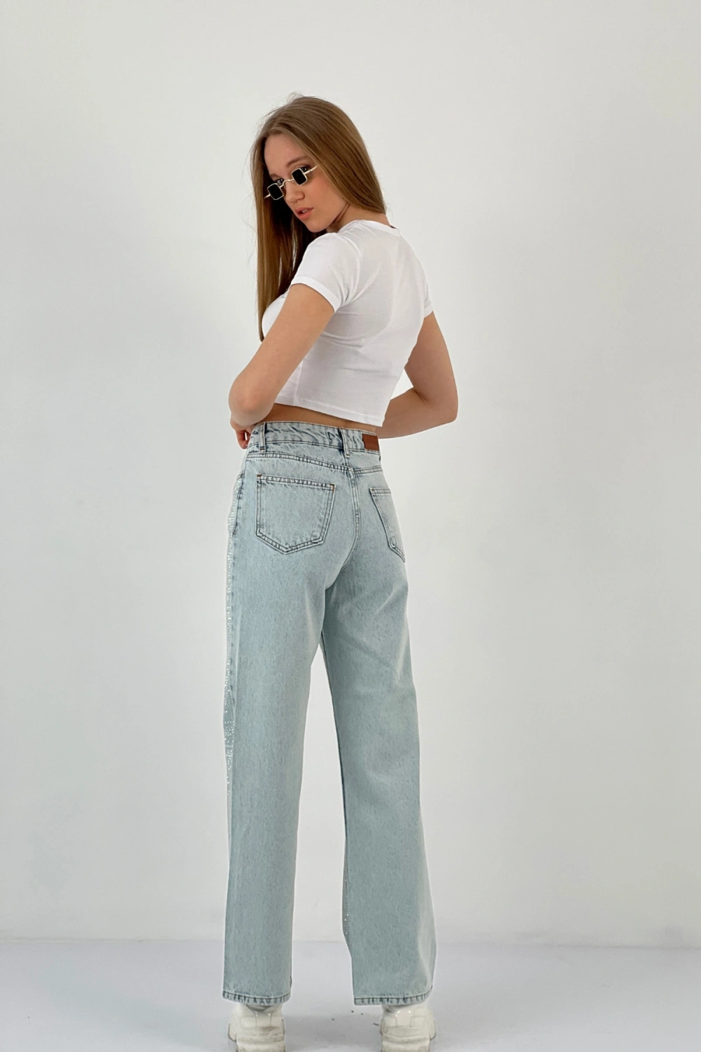 Kadın Wide Leg Taşlı Jeans Baggy Fit Buz Mavi Kot Pantolon
