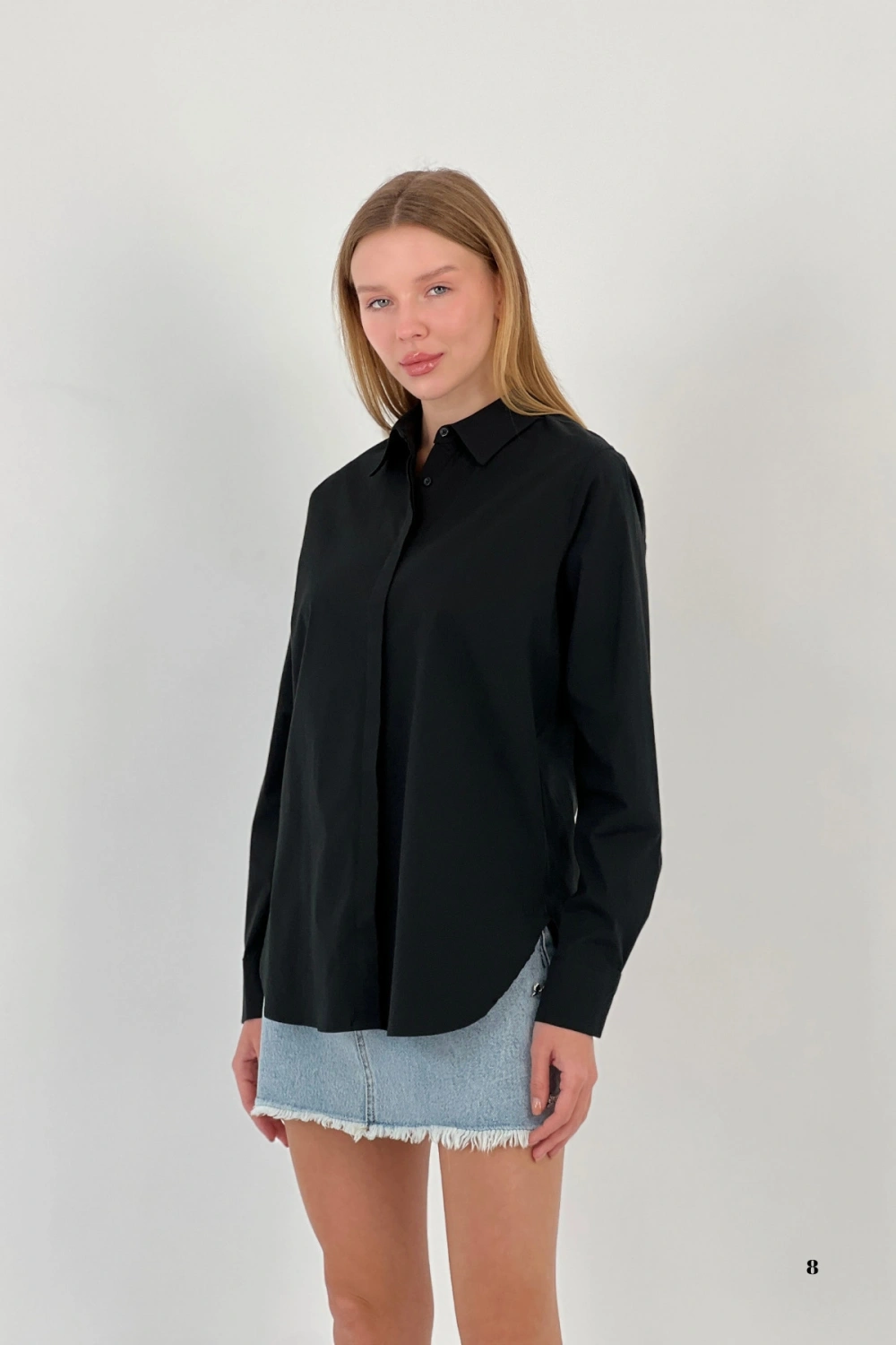 Kadın Esnek Yazlık Dar Slim Fit Basic Siyah Gömlek