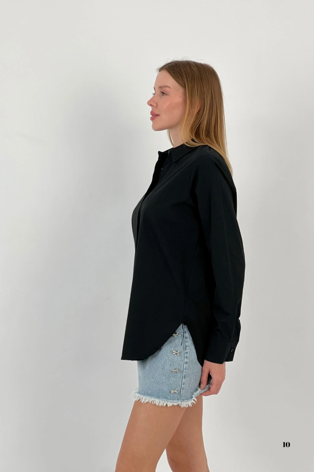 Kadın Esnek Yazlık Dar Slim Fit Basic Siyah Gömlek