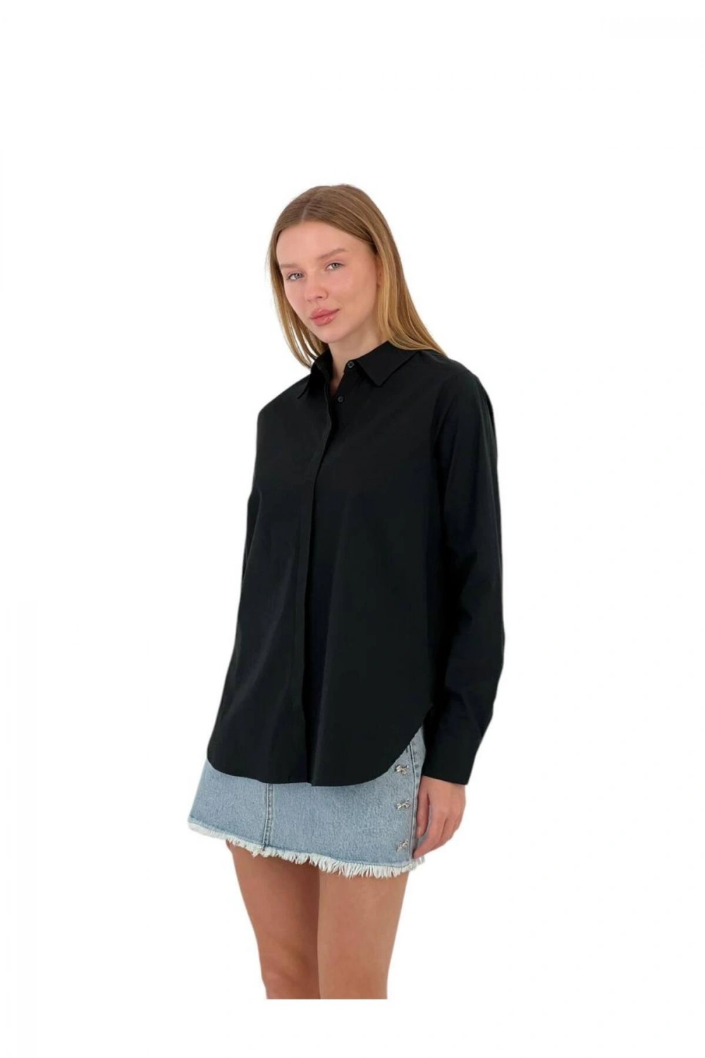 Kadın Esnek Yazlık Dar Slim Fit Basic Siyah Gömlek
