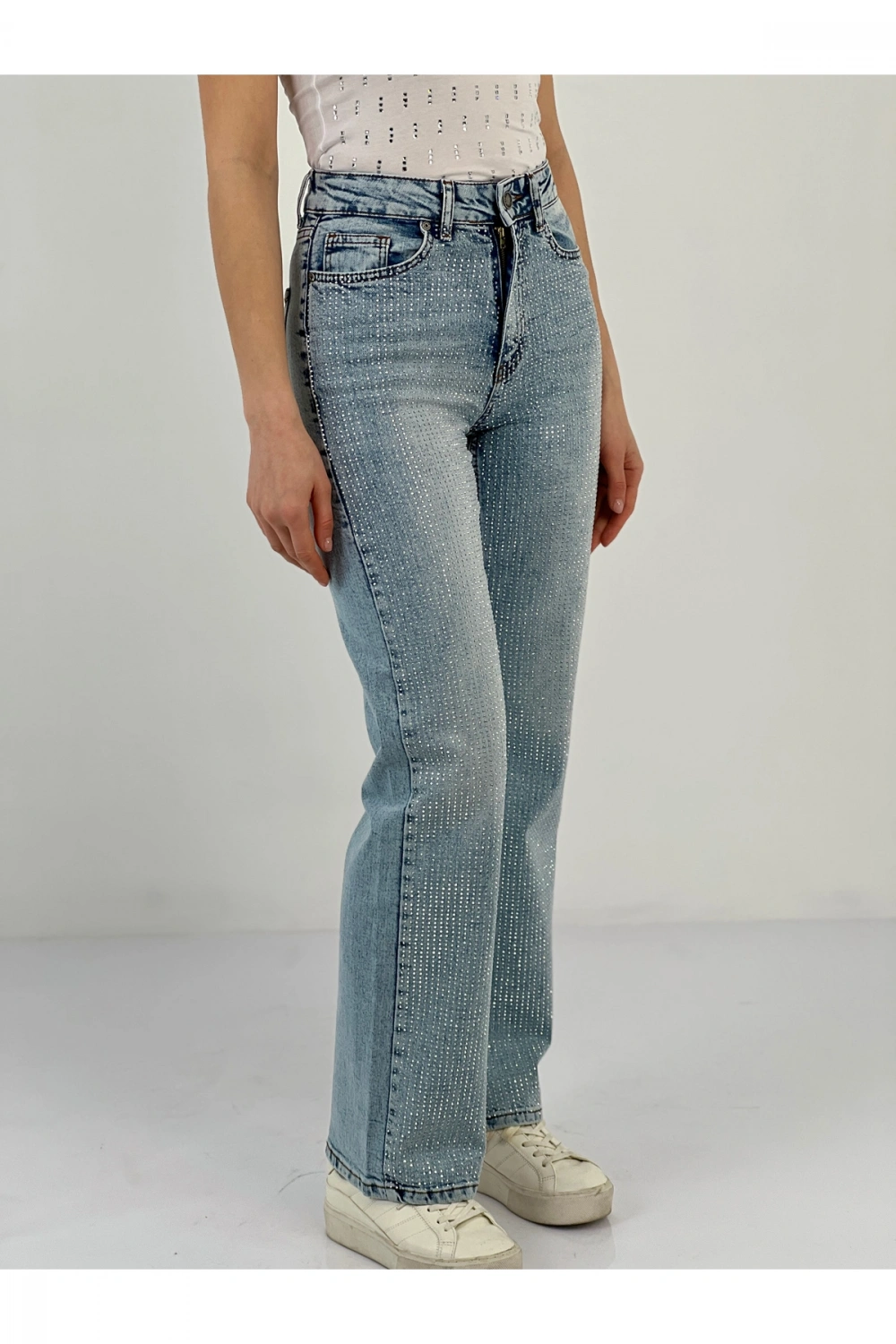 Kadın Wide Leg Önü Full Taşlı A.mavi Jean Pantolon