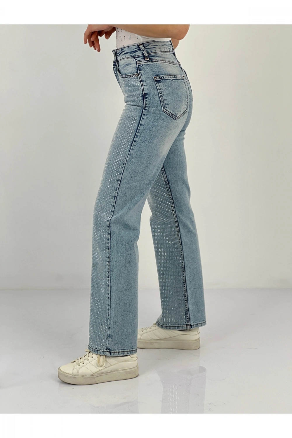 Kadın Wide Leg Önü Full Taşlı A.mavi Jean Pantolon