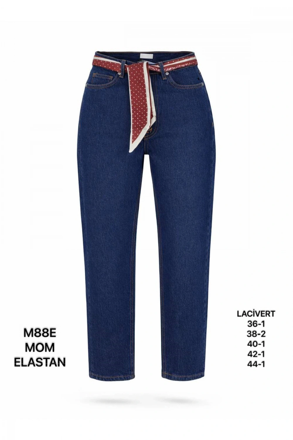 Kadın Lacivert Fular Kemer Detaylı Yüksek Bel Mom Fit Jean Pantolon