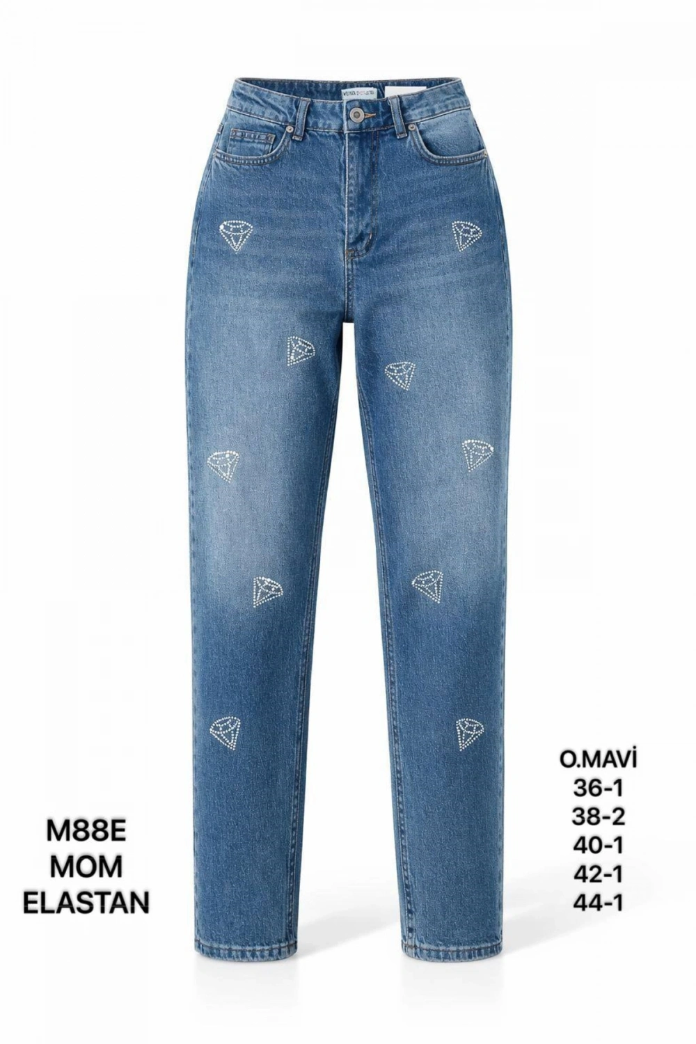 Kadın Mavi Yüksek Bel Taş Detaylı Mom Fit Jean Pantolon