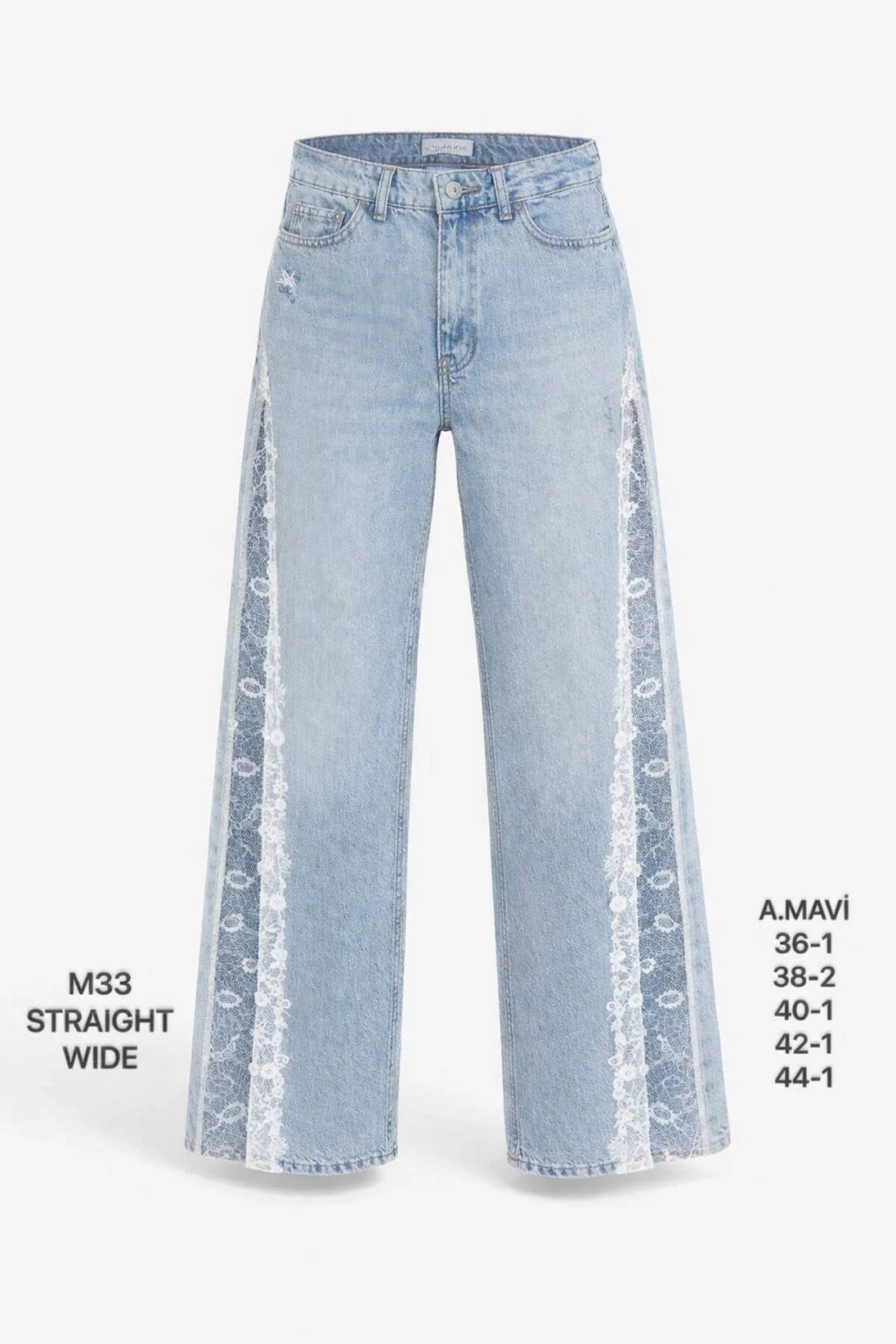 Kadın Açık Mavi Dantel Detaylı Straight Wide Jean Pantolon