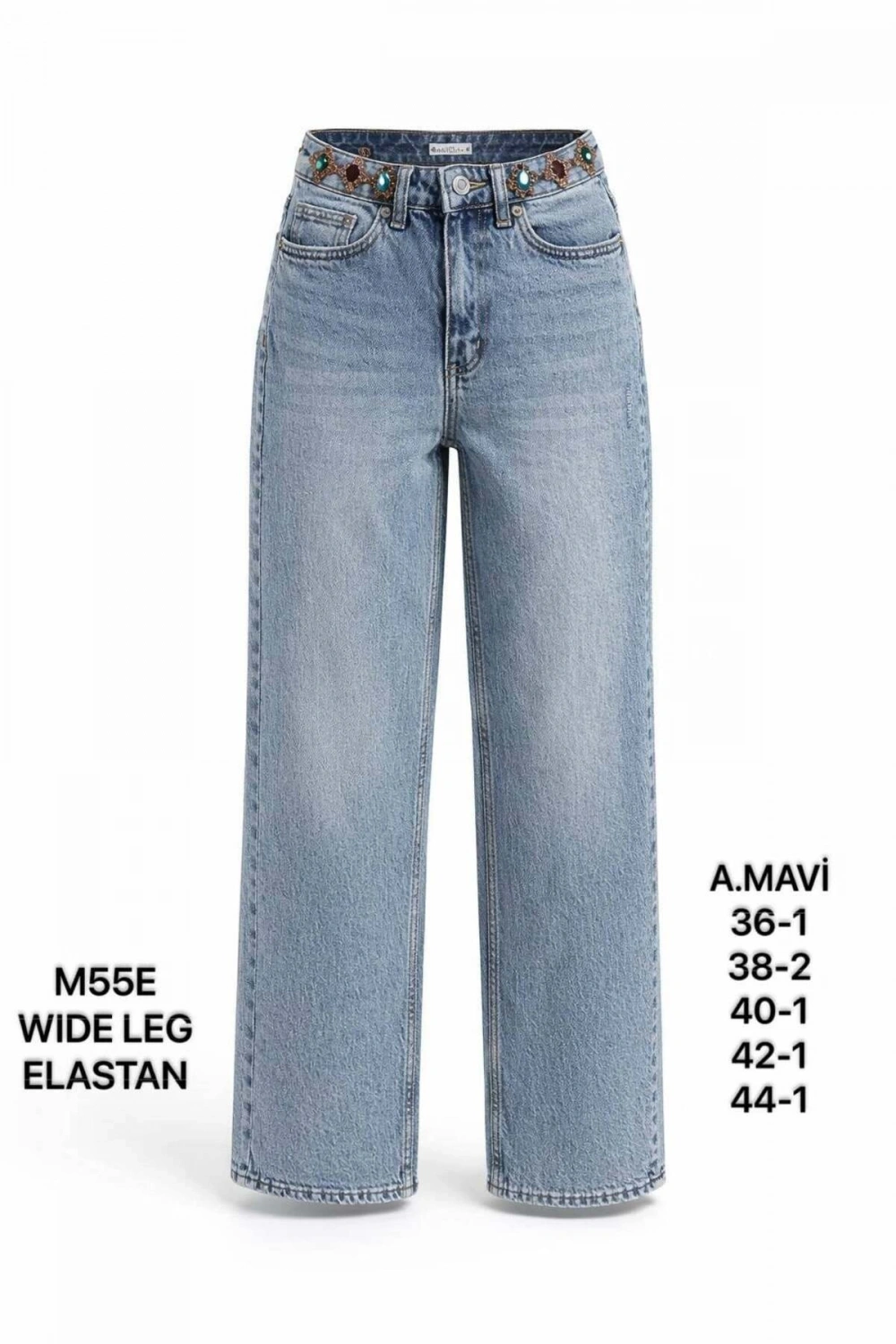 Kadın A.Mavi Taş Detaylı Yüksek Bel Wide Leg Jean Pantolon