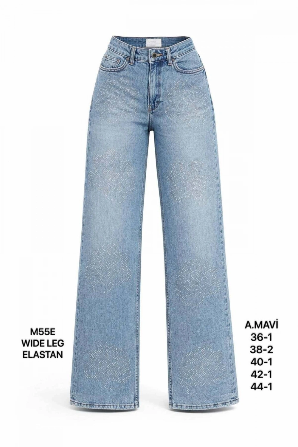 Kadın A.Mavi Taş Detaylı Wide Leg Jean Pantolon