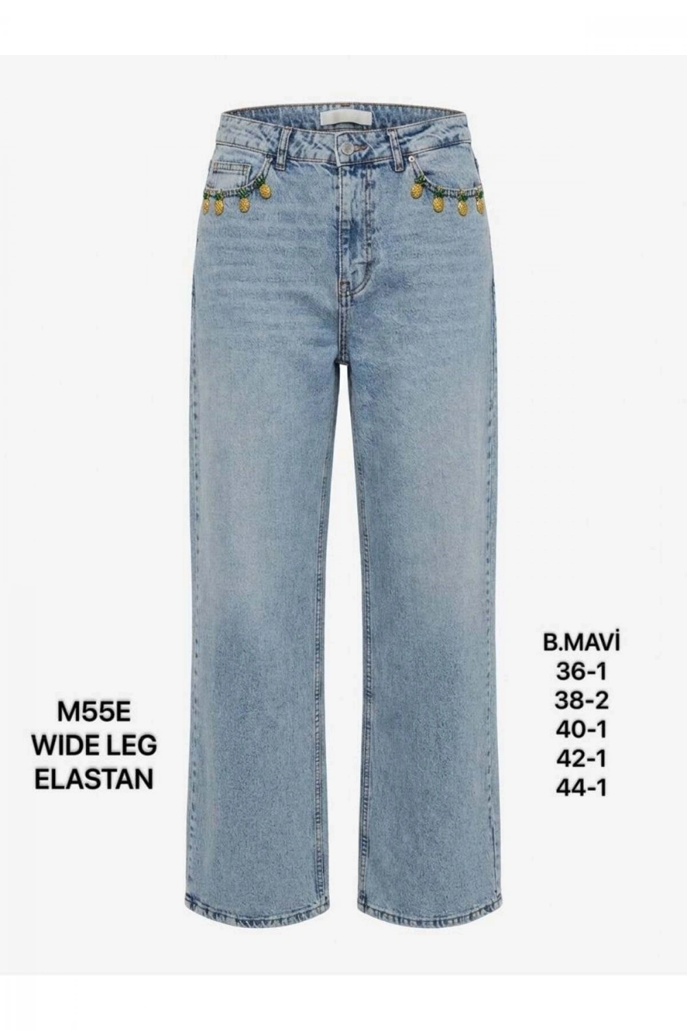 Kadın Buz Mavi Ananas Aksesuarlı Yüksek Bel Wide Leg Jean Pantolon