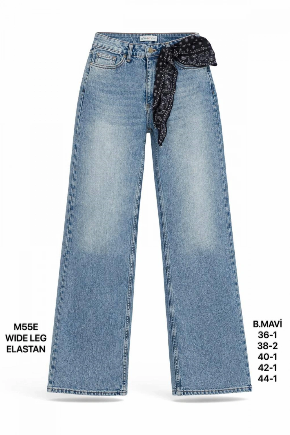Kadın Buz Mavi Fularlı Yüksek Bel Wide Leg Jean Pantolon