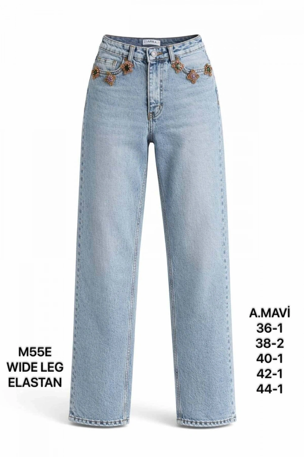 Kadın Açık Mavi Taş Aksesuar Detaylı Wide Leg Jean Pantolon