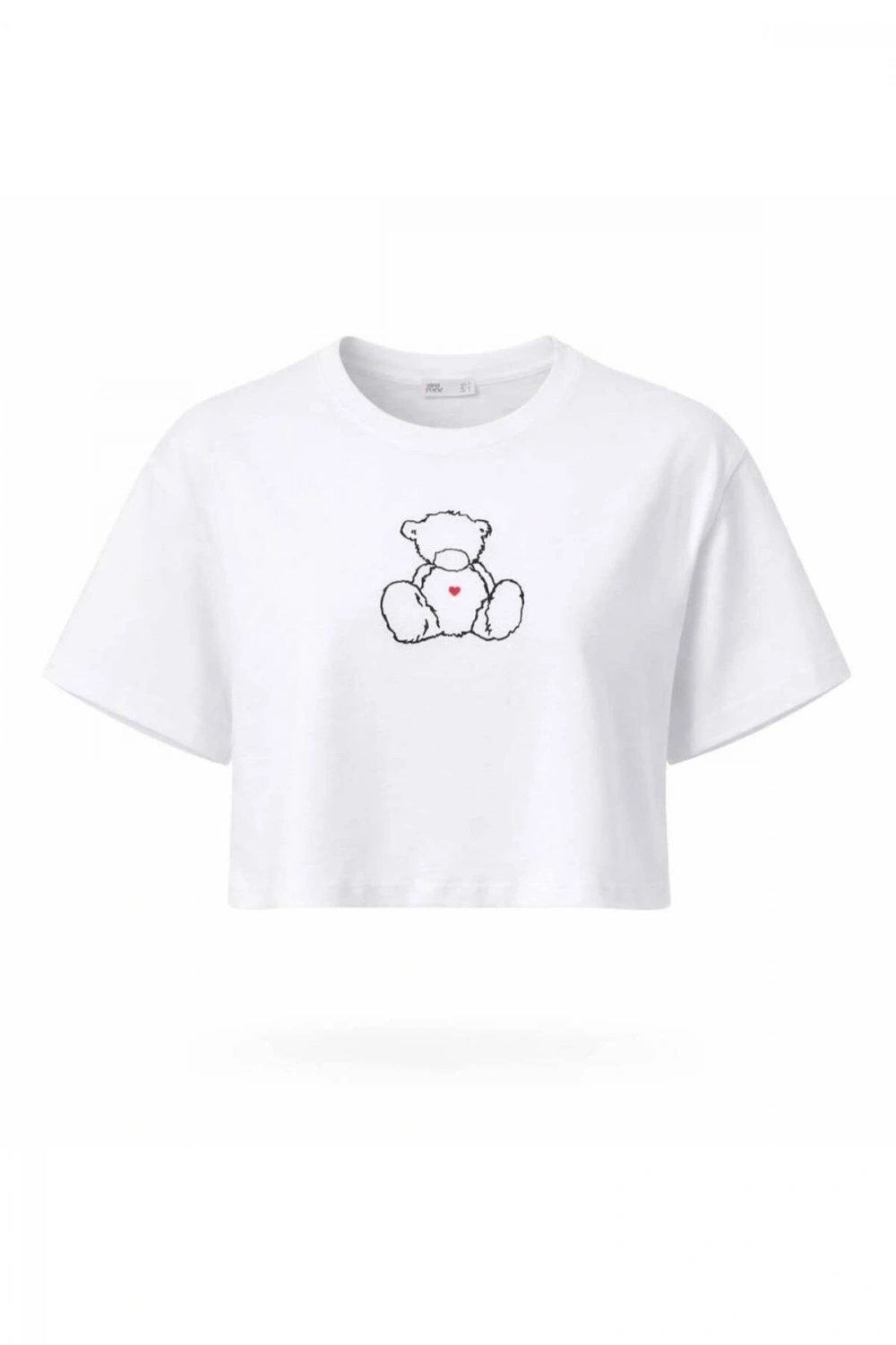 Kadın Beyaz Ayıcık Baskılı Crop Pamuk T-Shirt
